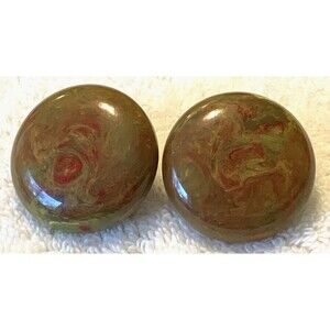 Vintage Bakelite Button Clip On Earrings 1" Marbled Brown Green Red Swirl Tested